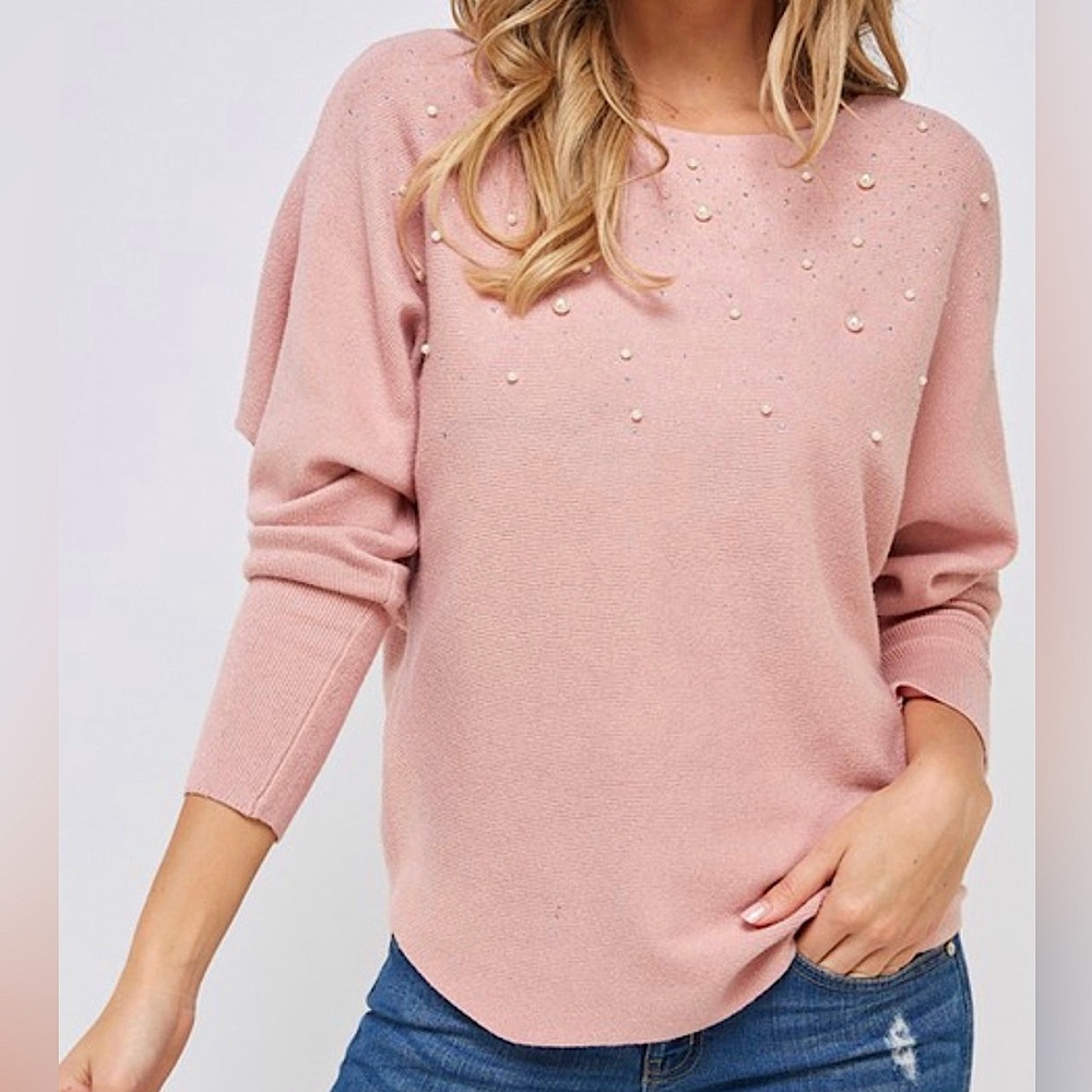 🆕🌿🩷ON BLUE: HAZY BLUSH Gemstone and Pearl Dolman Sweater MEDIUM